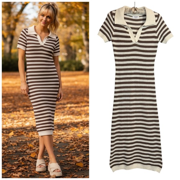 Dresses & Skirts - The‎ Workshop Crocheted Midi Dress S Brown Striped Collared Retro Cotton Knit